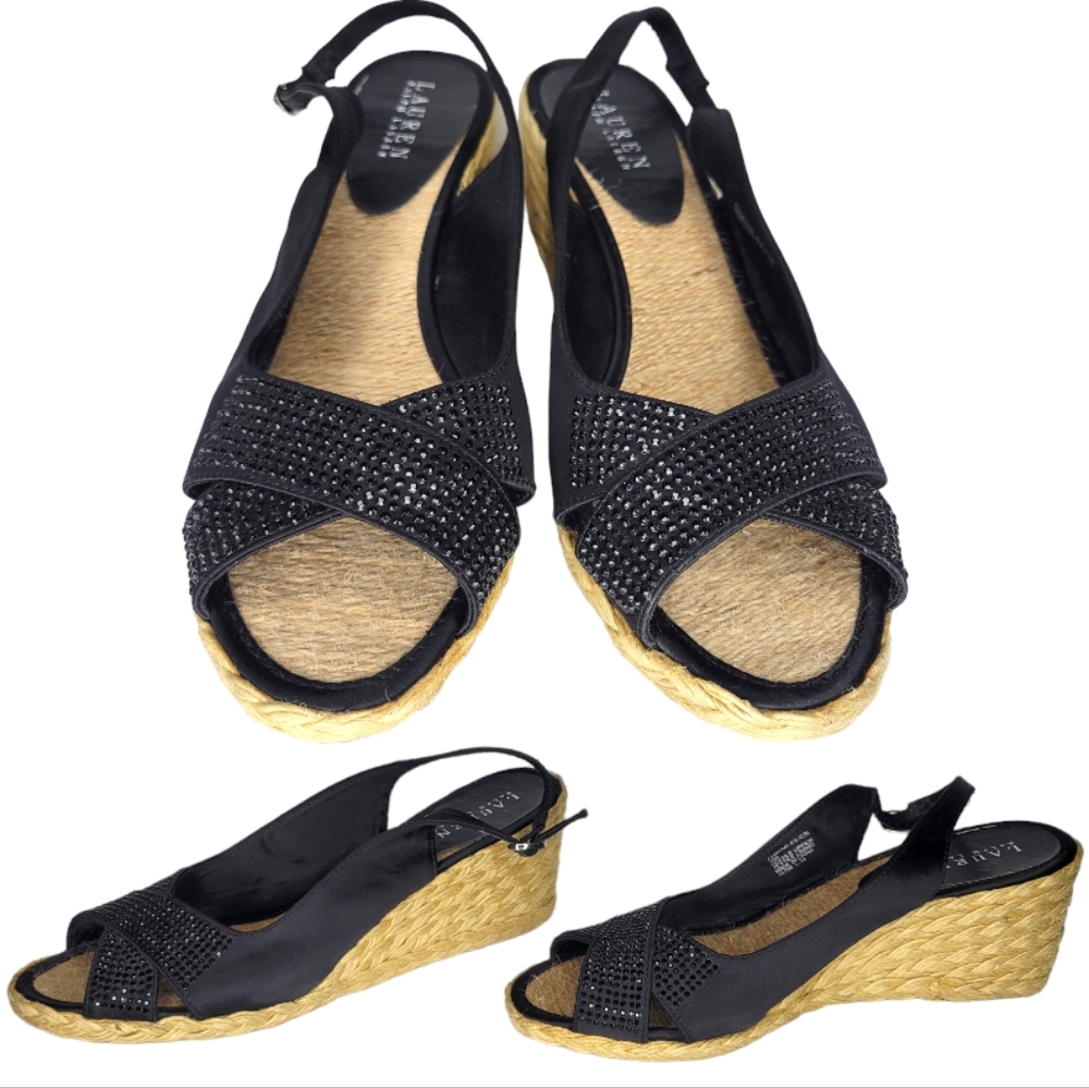 Lauren Ralph Lauren Espadrille Wedge Chayne Black Beaded Satin, Size 10 B